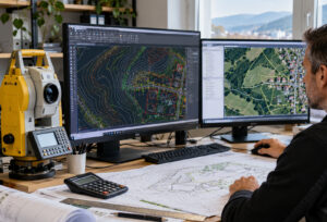 Detail počítačových monitorů s vrstevnicemi a mapou parcel