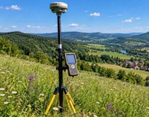 GNSS přijímač s ovladačem na stativu na rozkvetlé louce