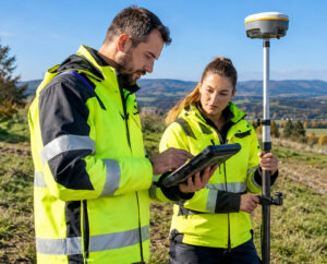Geodeti konzultují měřické údaje na tabletu u měřické tyče